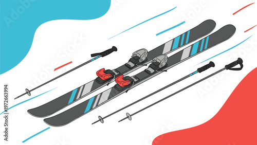 Pair of modern downhill skis with poles is shown at an angle with abstract red and blue shapes in the background.