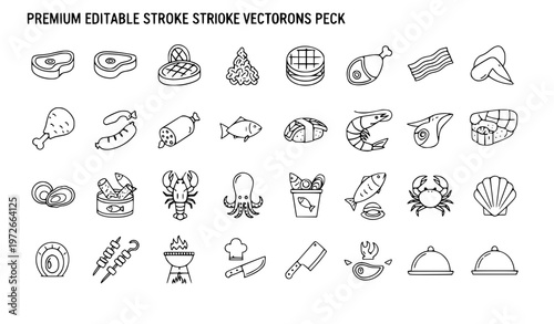 Editable Meat and Seafood Thin Line Icon Set with Chicken Pork Beef Steak Fish Lobster Shrimp and Shellfish Vector Pack
