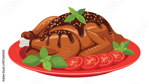 Delicious roasted whole turkey served on a red plate with fresh tomato slices and basil leaves, ready for a festive meal.