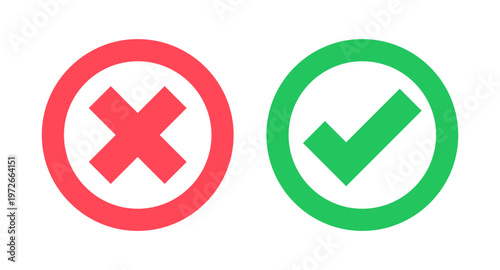 Green check mark and red cross x mark icons. Outline stroke checkmark symbols for true or false, right or wrong decisions. Accept or decline checklist status validation sign. Vector illustration.