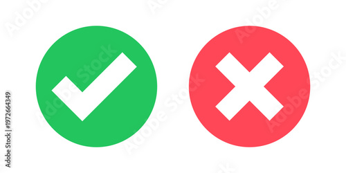 Green check mark and red cross x mark icons. Flat rounded right and wrong, yes or no vector sign set. Checklist circle tick mark symbols for approval, rejection, success or error status validation.