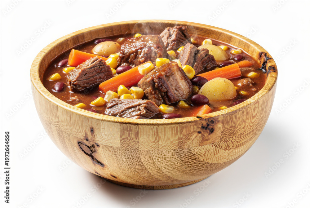 Fototapeta premium Kentucky Burgoo in Bamboo Bowl 35 Degree Angle Isolated on White Background Studio Shot