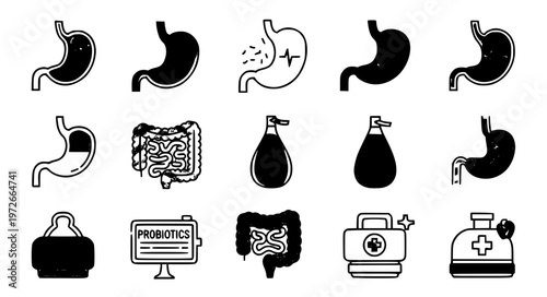 Stylized stomach digestion thin line icon set vector EPS10 transparent background