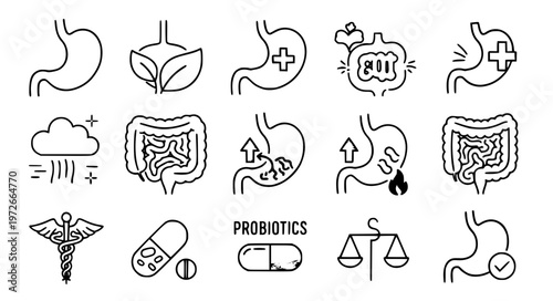 Stomach digestion thin line icon vector set gut health EPS10 transparent background