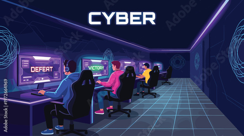 Cyber cafe interior with gamers playing video games on modern computers, esports competition in neon club, professional gaming chairs and tournament room.