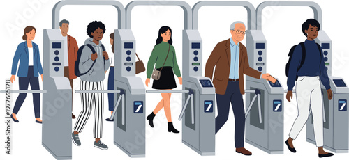 Diverse group of people passing through subway turnstiles, commuters using electronic tickets at entrance gates, public transport, urban transit, and station illustration.