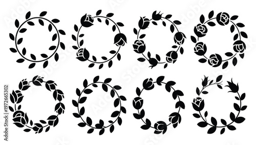 Twelve black floral wreath silhouettes with leaves and roses vector illustration EPS PNG file