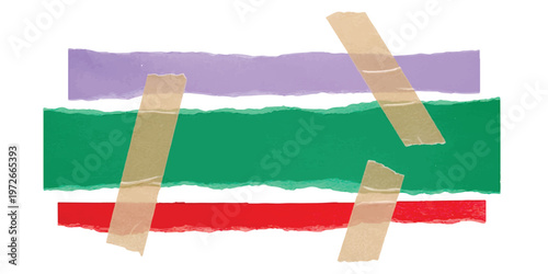 Three colorful paper strips with jagged edges held together by pieces of translucent adhesive tape