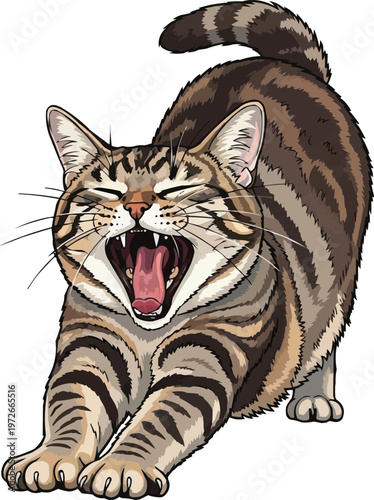 Australian Mist cat stretching sleepy yawning pose illustration