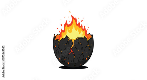A dark textured volcanic egg shell bursts open to reveal intense flickering orange and yellow flames rising upwards against a stark and empty white background.