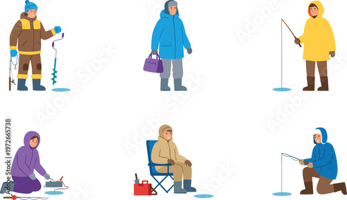 Set of ice fishing characters, men and women in winter gear with auger, rod, and equipment, outdoor winter hobby illustrations on white background.
