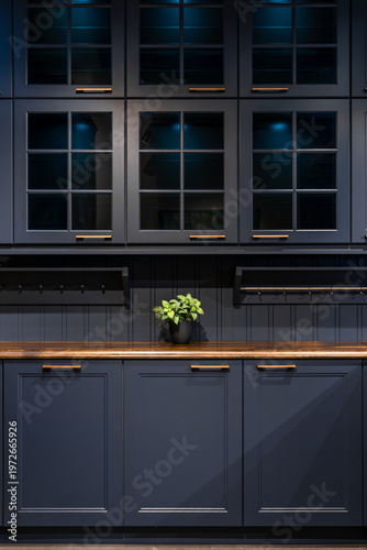 Cuadro en lienzo Dark blue kitchen cabinets with glass showcases