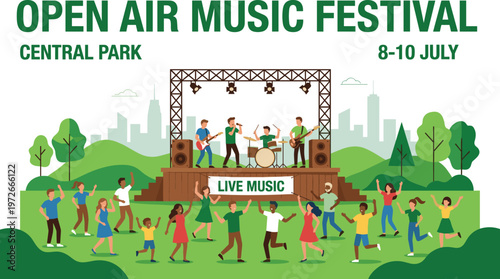 Vector illustration of an open air music festival in a city park with a rock band performing for a dancing crowd, isolated.