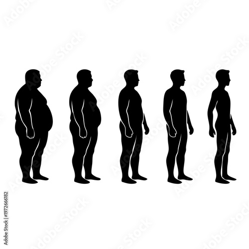 weight loss progression, silhouette of man losing weight, healthy lifestyle