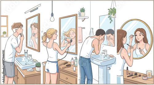 Vector illustration of diverse people doing morning self care routines, including shaving, hair drying, face washing, and applying makeup in bathroom mirrors, isolated.