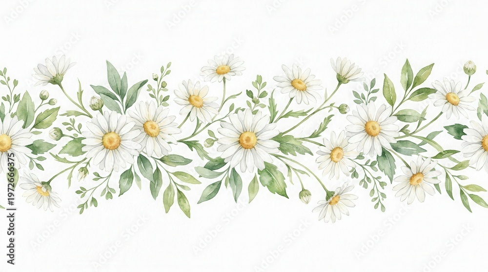 Obraz premium Elegant Daisy Flower Border Illustration with Green Foliage and Soft Colors