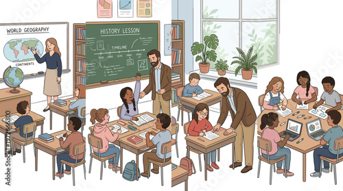 Vector illustration of elementary students in classroom learning geography, history, and math with teachers, featuring diverse children studying together in school, isolated.