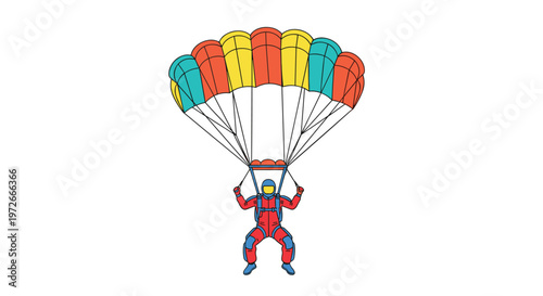A brave skydiver wearing a bright red jumpsuit descends gracefully through the air under a large colorful parachute with vibrant teal and orange stripes.
