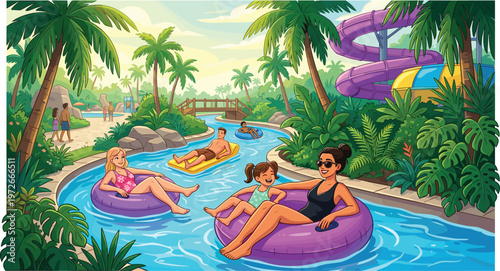 Vector illustration of happy people floating on tubes in a lazy river at a tropical water park, featuring palm trees and slides.