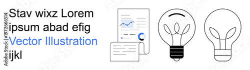 Business strategies, creative ideas, innovation planning, data analysis, productivity tools, teamwork solutions. Document with charts and two lightbulb illustrations. Business strategies and creative