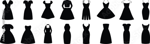Black dress silhouettes collection, various styles puff sleeve strapless mermaid cocktail mini maxi dress, vector fashion illustration set