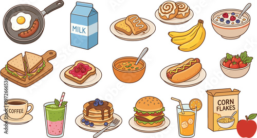 Vector illustration set of breakfast and lunch food items, including coffee, pancakes, burger, eggs, milk, cereal, and snacks, isolated on white background.