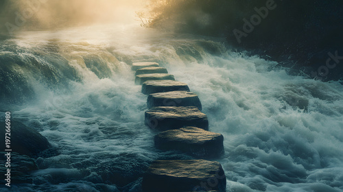 Stepping Stones Through the Rushing Water: A breathtaking composition depicts a path of stepping stones gracefully traversing a turbulent, yet captivating, river.