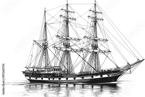 Majestic yacht sailing ship with large sails, cruising on the ocean waves, drawn in an engraved, woodcut style sketch engraving vector illustration. Scratch board. Transparent background EPS version.