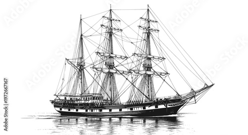 Majestic yacht sailing ship with large sails, cruising on the ocean waves, drawn in an engraved, woodcut style sketch engraving vector illustration. Scratch board. Transparent background SVG version.