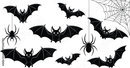 Halloween bat and spider silhouettes vector set, spooky flying bats collection, creepy web elements, black animal icons, horror theme illustration isolated