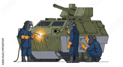 Three professional welders wearing dark blue protective suits and safety masks are performing precision metalwork on a green armored military transport vehicle.