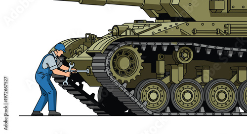A focused technician in blue overalls and a blue cap uses a large silver wrench to perform essential maintenance on the heavy metal tracks of a tank.