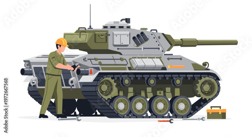 A dedicated military mechanic wearing a green service uniform and a yellow hard hat is carefully inspecting the rear engine compartment of a battle tank.