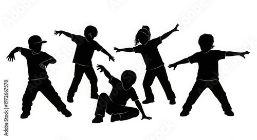Children dancing street dance silhouette vector illustration. Hip hop, break dance, juzz funk, rap, freestyle 
