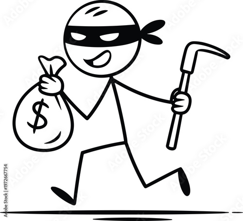 Cartoon stick figure burglar thief running with money bag and crowbar, funny black and white vector illustration for design