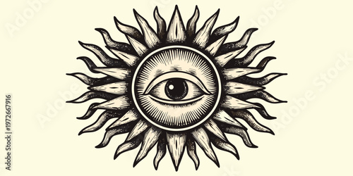 Intricate sun design featuring an eye at its center vintage style