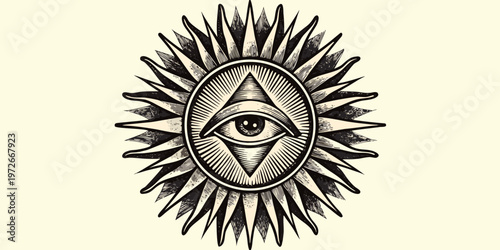 Vintage style illustration of an all seeing eye within a radiant oval frame