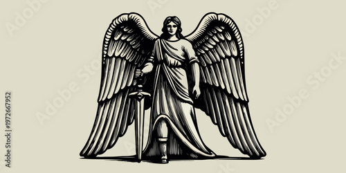 A vintage style depiction of an angelic figure holding a sword