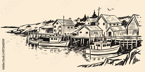 A quaint coastal village with sketched houses and boats on the water