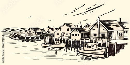 Sketch of a quaint coastal village with boats and waterfront buildings