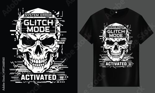 Skull glitch mode activated t shirt design vector illustration with digital art with distressed texture apparel graphic tee shirt