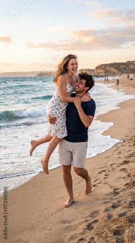 Happy couple embracing on a beach at sunset