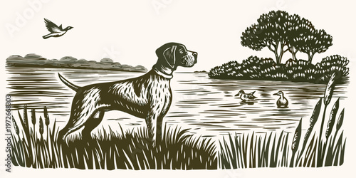 A detailed sketch depicts a dog observing ducks in a watery landscape