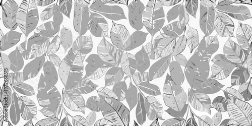 Stylized tropical banana leaves in a seamless monochrome pattern