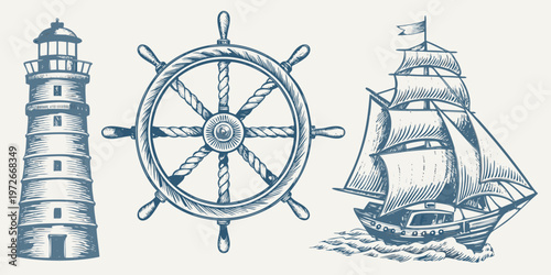 Vintage nautical illustration featuring a lighthouse ship s wheel and sailing ship