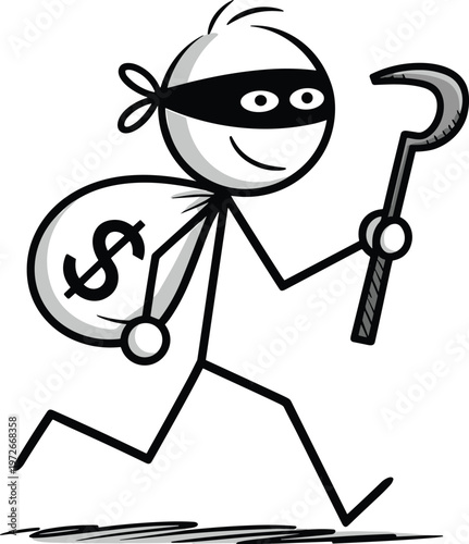 Cartoon stick figure burglar thief running with money bag dollar sign and crowbar, funny black and white vector illustration