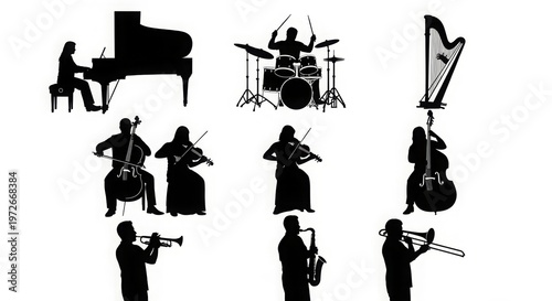 Large group silhouettes set of musicians playing various musical instruments vector collection. 
