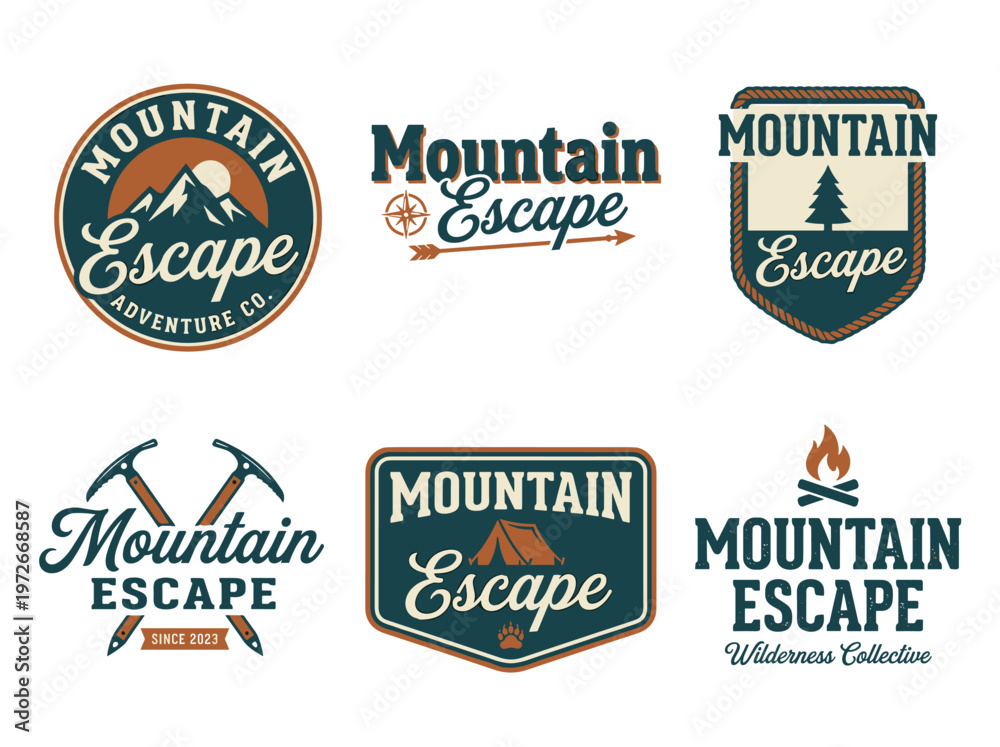 Fototapeta premium Mountain Escape typography collection: vintage adventure logos with elegant script and slab serif lettering.