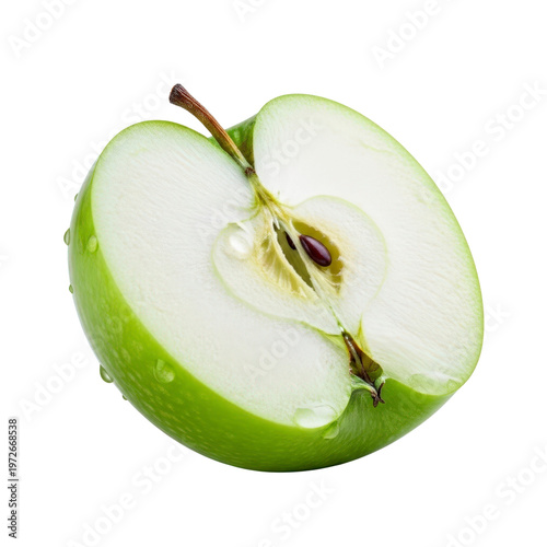 Green apple half with water drops