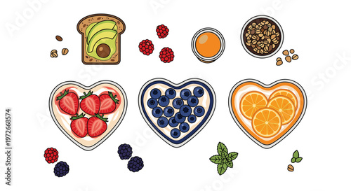 A meticulously arranged breakfast flat lay features avocado toast heart shaped bowls of strawberries and blueberries along with fresh raspberries and a cup of tea.